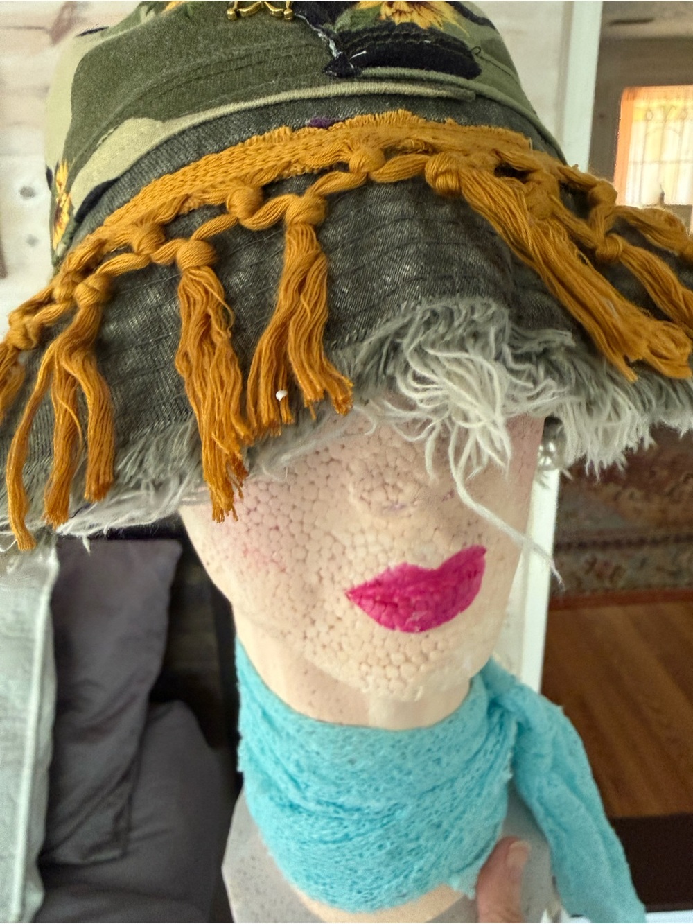 Upcycled green wash cotton bucket Hat camo sunflower fringed New OS - Picture 3 of 8